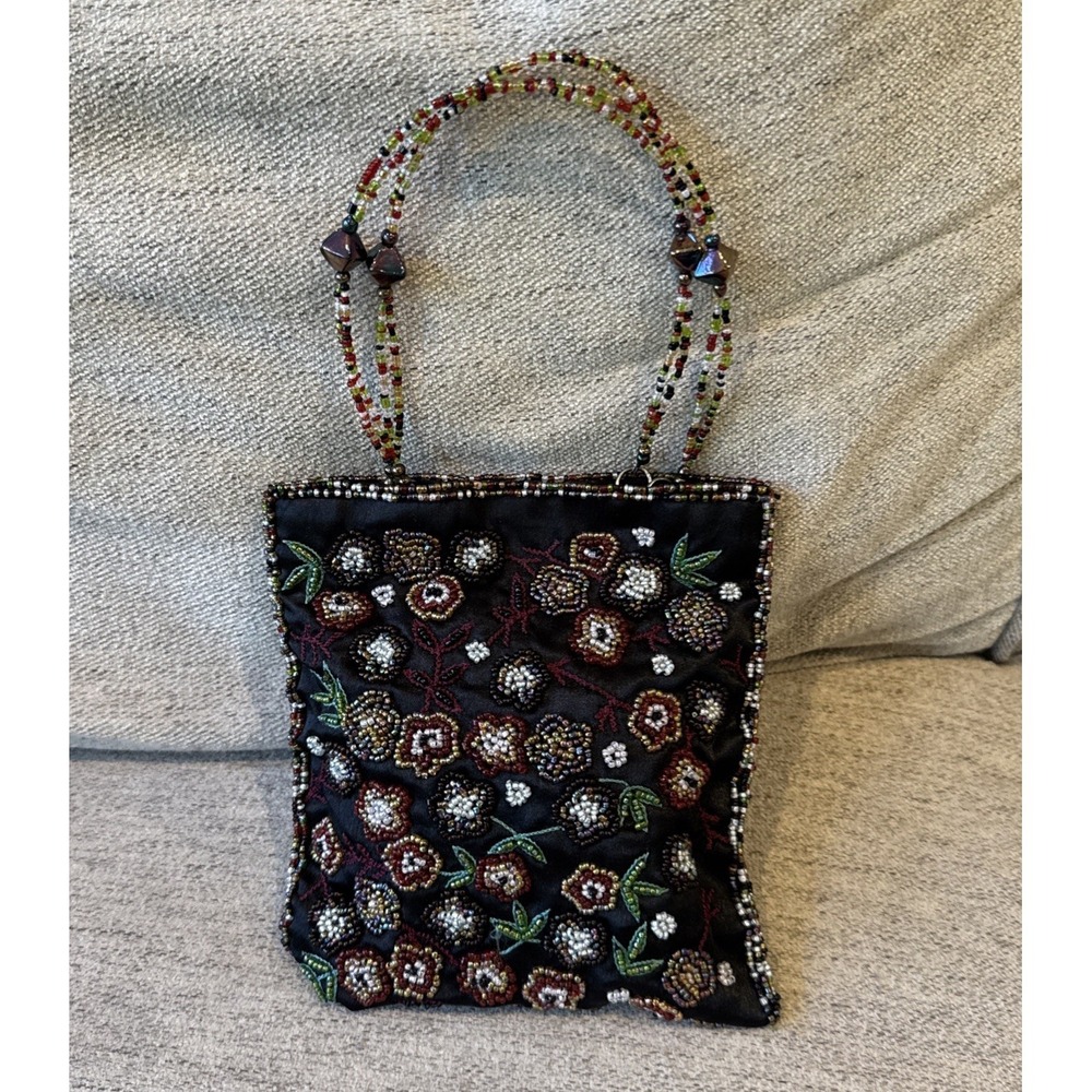 Christian Livingston Collection Floral Beaded Handmade Black Purse Vtg